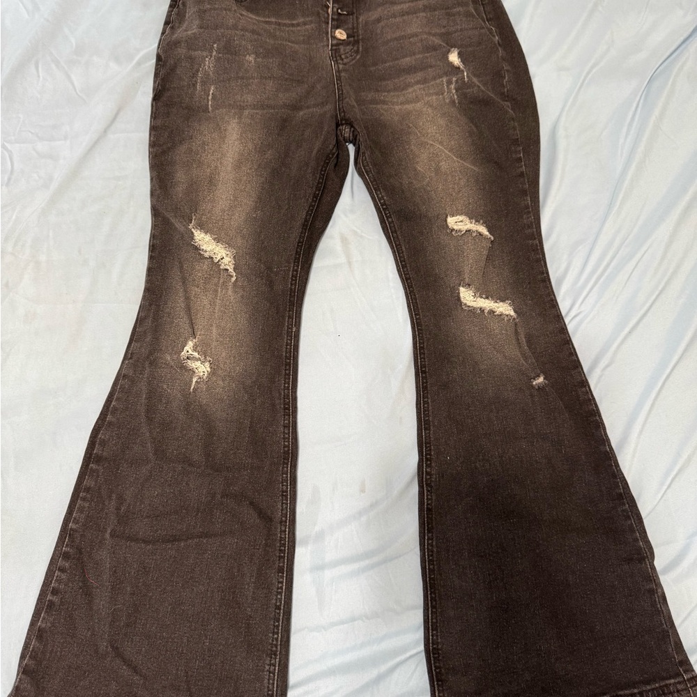 Womans Black Distressed Flare Jeans